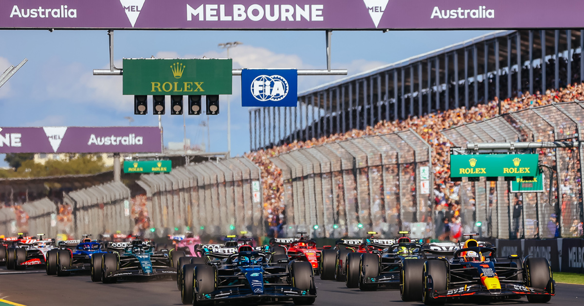 F1 cars race off the start line at the Australian Grand Prix