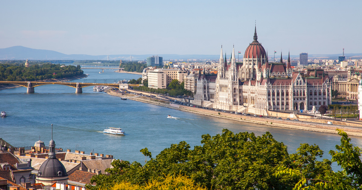 Budapest cityscape with river, bridge and cathedral